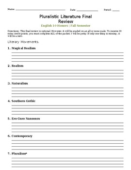 Preview of English 10th honors fall study guide (Editable resource)