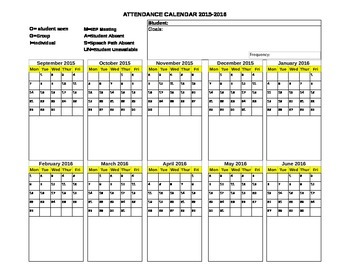 Preview of Editable Excel Spreadsheet- 2015-2016 Speech Therapy Attendance