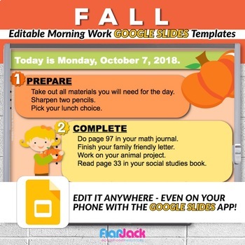 Preview of Editable FALL Autumn Morning Work GOOGLE SLIDES Templates