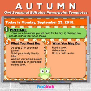 Preview of Editable FALL Owl Themed Morning Work PowerPoint Templates