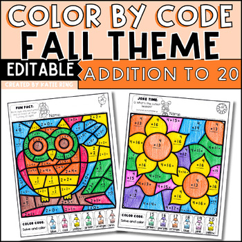 Preview of Editable Fall Color By Code Addition Worksheets - Morning Work Coloring Pages