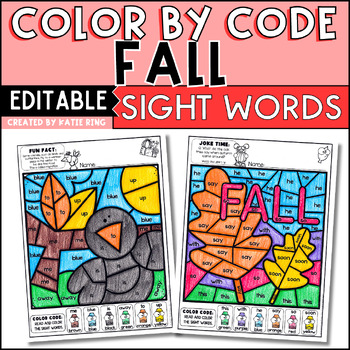 Preview of Editable Fall Color by Code Sight Word Practice Morning Work Worksheets