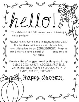 Preview of Editable Fall Party Letter to Parents
