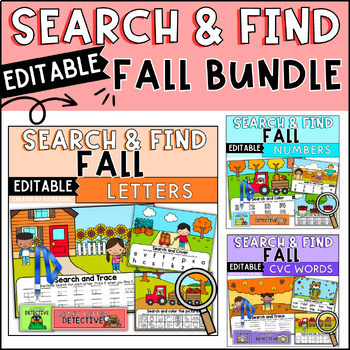 Preview of Editable Fall Search and Find Activity Bundle: Math, Alphabet, and CVC Words