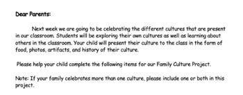 Preview of Editable: Family Culture Project- Pre-K Parent Letter