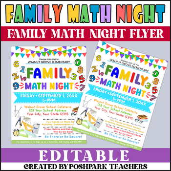 Preview of Editable Family Math Night Flyer | Math Fundraiser Template Flyer