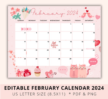 Editable February Calendar 2024, Valentine Calendar Printable, Digital ...