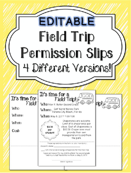Preview of Editable Field Trip Permission Slips