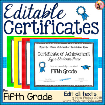 Preview of Editable Fifth Grade Certificates for Graduation - Bright Borders