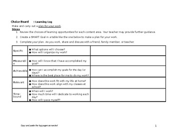 Preview of Choice Board Learning Log Template (editable and fillable resource)