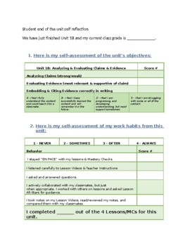 Preview of End of the unit student self reflection works for all subjects-Editable resource