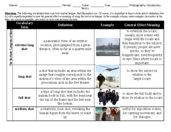 Preview of Editable Film Vocabulary Packet with Examples and Effect/Meaning