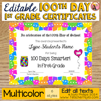 Preview of Editable First Grade 100th Day Certificates | Bright Multicolor