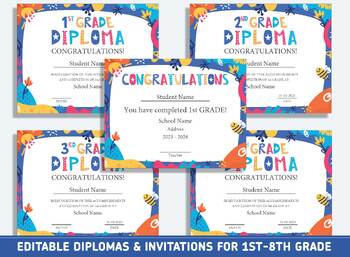 Preview of Editable First Grade Certificate, 1st-8th Grade Diploma, Completion, Invitation