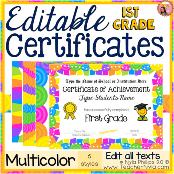 Preview of Editable First Grade Certificates for End of Year - Bright Multicolor