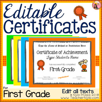 Preview of Editable First Grade Certificates for Graduation - Bright Borders