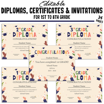 Preview of Editable First Grade Diplomas, 1st-8th Grade Certificates, Diplomas, Invitations
