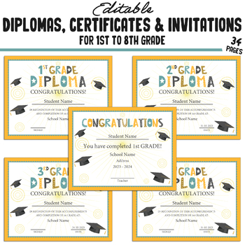 Preview of Editable First Grade Diplomas, 1st-8th Grade Certificates and Invitations