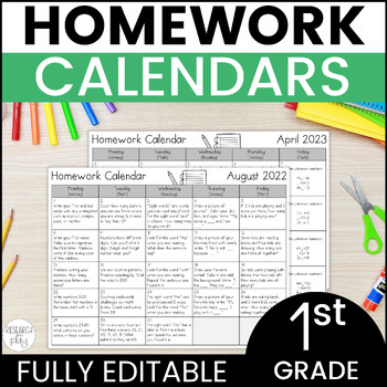 Preview of Editable First Grade Homework Calendars for the Year