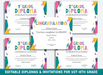 Preview of Editable First Grade, Second Grade - 8th Grade Diploma Certificate of Completion