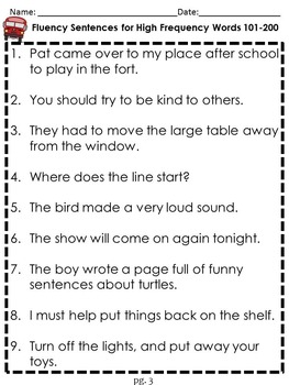 Editable Fluency Sentences for High Frequency Words 101-200 | TpT
