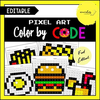 Preview of Editable Food-Themed Pixel Art Color by Code (Number/Letter/Word) Worksheets