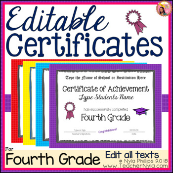 Preview of Editable Fourth Grade Certificates for Graduation - Bright Borders