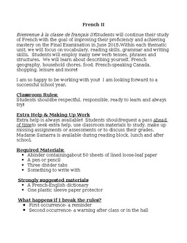 Preview of French II Syllabus and course expectations (editable resource)