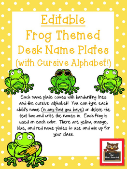 Preview of Editable Frog and Polka Dot Themed Name Desk Plates w/Cursive Letters!