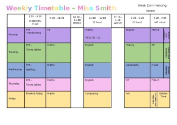 Preview of Editable General Weekly Timetable