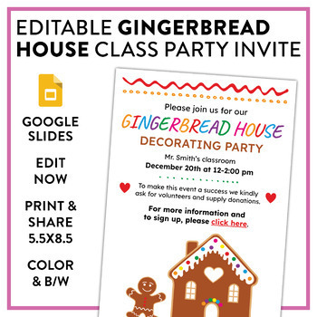 Preview of Editable Gingerbread House Decorating Class Party Invitation - 2 colors!