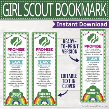 Editable Girl Scout Bookmark, Printable Girl Scout Law and Promise Bookmark