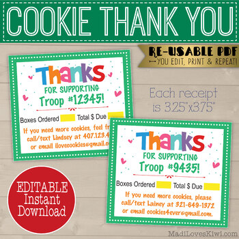 Preview of Editable Girl Scout Cookie Thank You Note, Printable Cookie Order Receipt