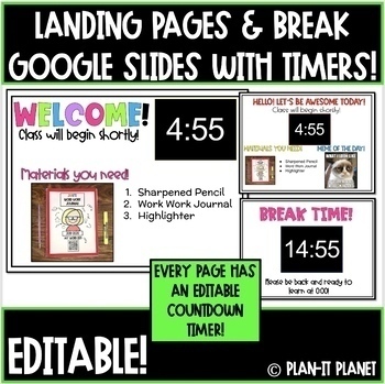 Preview of Editable Google Slide Landing Pages/Break Slides with Timers!  Perfect for Zoom!