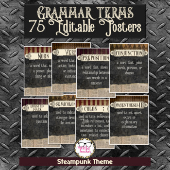 Preview of Editable Grammar Posters Steampunk Theme 75 Grammar Terms & Definitions