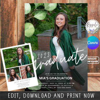 Preview of Editable Green Senior Graduation Invitation for any age grade, Grad Party Invite