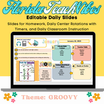 Preview of Editable Groovy Theme Daily Lesson Slides Templates  with Timers