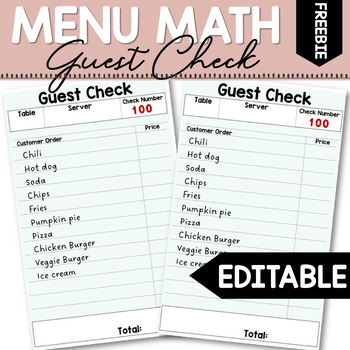 Preview of Editable Guest Check for Lifeskills math