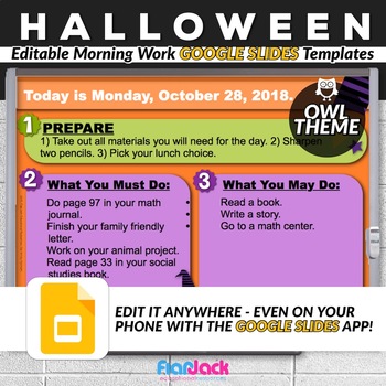 Preview of Editable HALLOWEEN Owl Morning Work GOOGLE SLIDES Templates