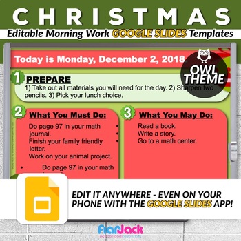 Preview of Editable HOLIDAY Owl Themed Morning Work GOOGLE SLIDES Templates