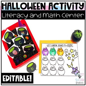 Preview of Editable Halloween Math and Literacy Center Activity