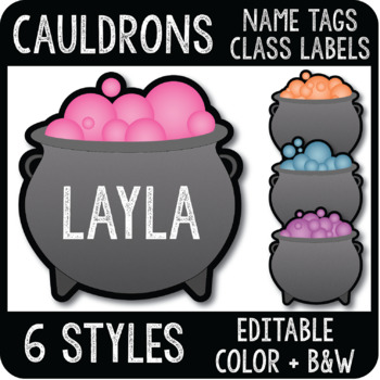 Preview of Halloween Name Tags, Cauldron Cubby Tags and Classroom Labels