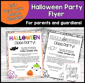 Preview of Editable Halloween Party Letter, Class Halloween Party, Classroom Halloween