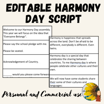 Preview of Editable Harmony Day Assembly Script for Primary Students