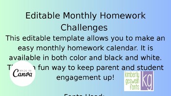 Preview of Editable Homework Calendar