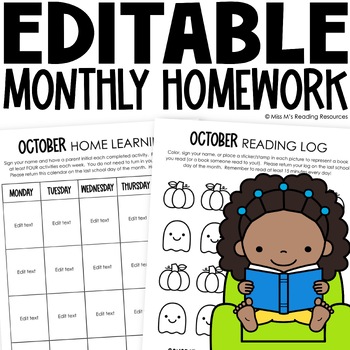 Preview of Editable Homework Calendars and Reading Logs | Homework Folder