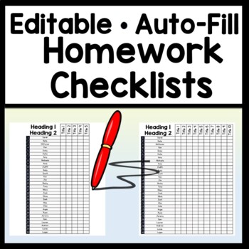 Preview of Editable Homework Checklist -Auto-Fill 30 Names! Editable Assignment Checklists