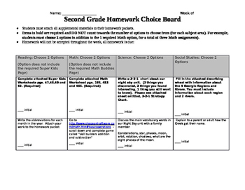 2nd grade homework choice board