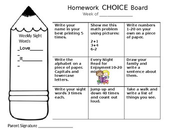 1st grade homework choice board