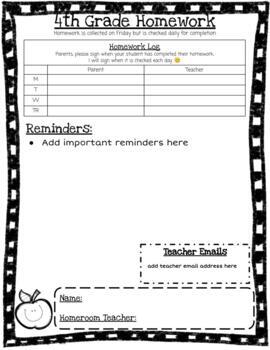 Preview of Editable Homework Cover Page with Spelling/Sight Word Menu